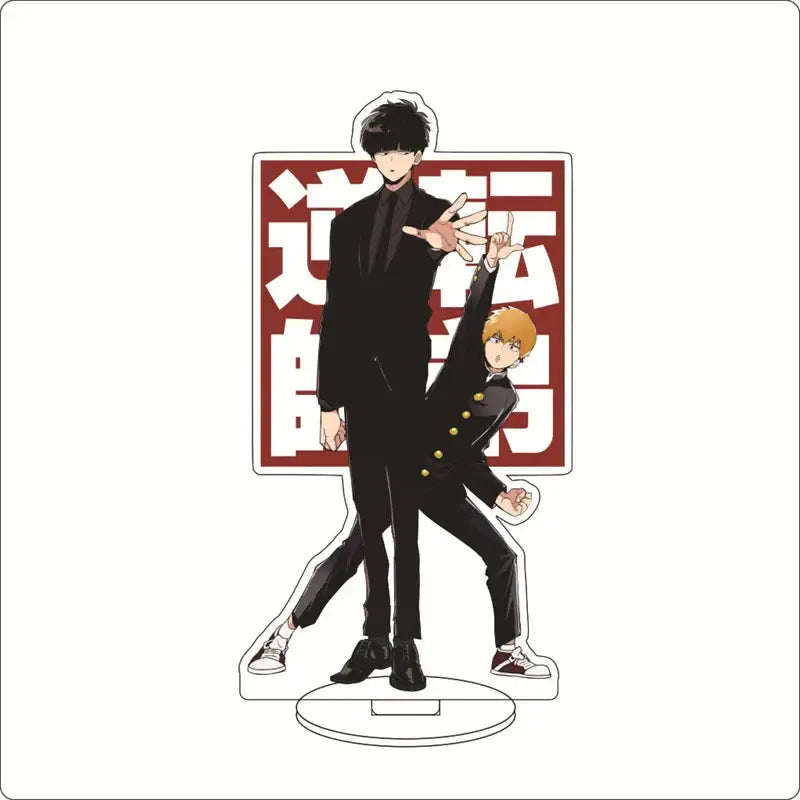 Black and gold mob psycho 100 shigeo kageyama acrylic stand featuring dynamic anime characters with japanese text background