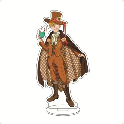 Mob psycho 100 shigeo kageyama acrylic stand featuring brown top hat with red ribbon and tea emblem in matching suit