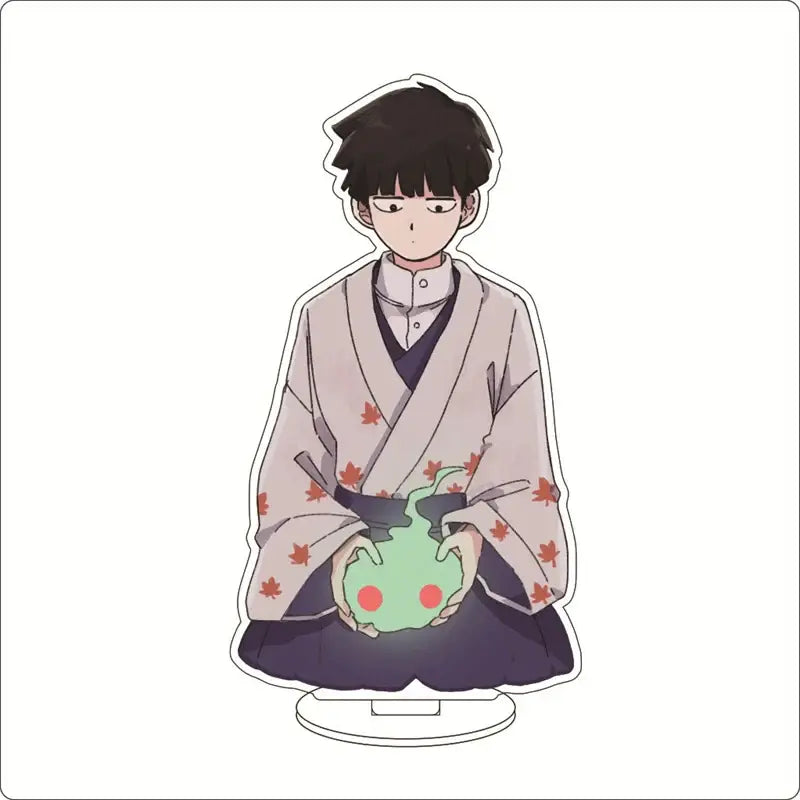 Mob psycho 100 shigeo kageyama acrylic ornament featuring a young anime character in beige kimono holding a green creature