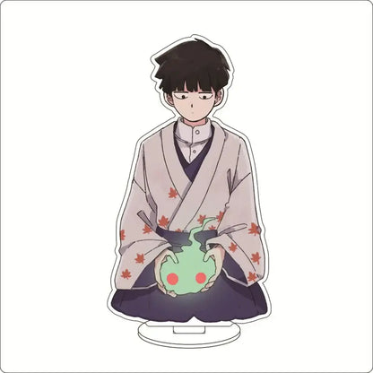 Mob psycho 100 shigeo kageyama acrylic ornament featuring a young anime character in beige kimono holding a green creature