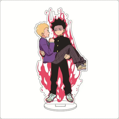 Mob psycho 100 shigeo kageyama acrylic stand featuring two anime characters with vibrant pink flame acrylic ornament design