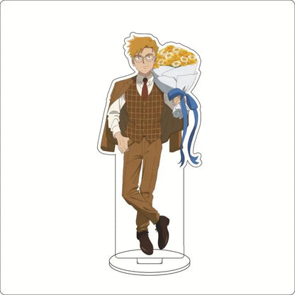 Mob psycho 100 shigeo kageyama acrylic stand featuring a cartoon man holding yellow daisies in brown plaid vest acrylic ornament