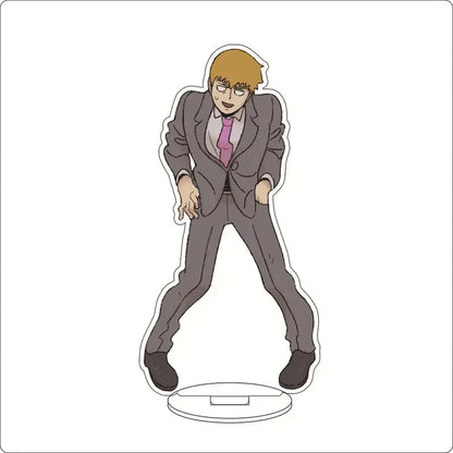 Mob psycho 100 shigeo kageyama acrylic stand featuring a gray suit figurine with pink tie on circular base acrylic ornament