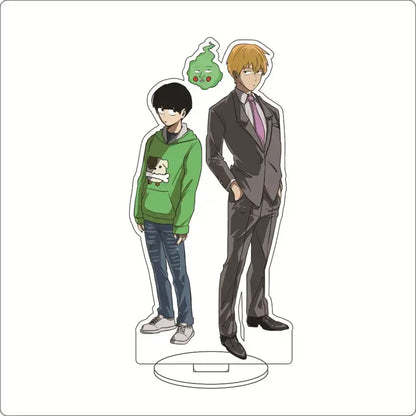 Clear acrylic ornament featuring two mob psycho characters including shigeo kageyama in green hoodie and gray suit