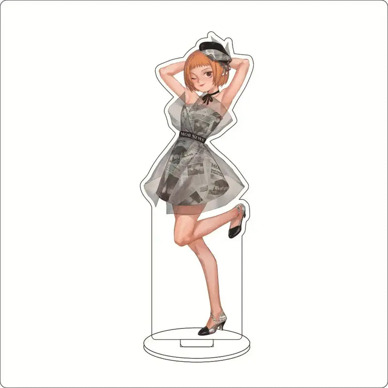 Mob psycho 100 shigeo kageyama acrylic stand featuring a stylized anime girl in a sheer newspaper dress acrylic ornament