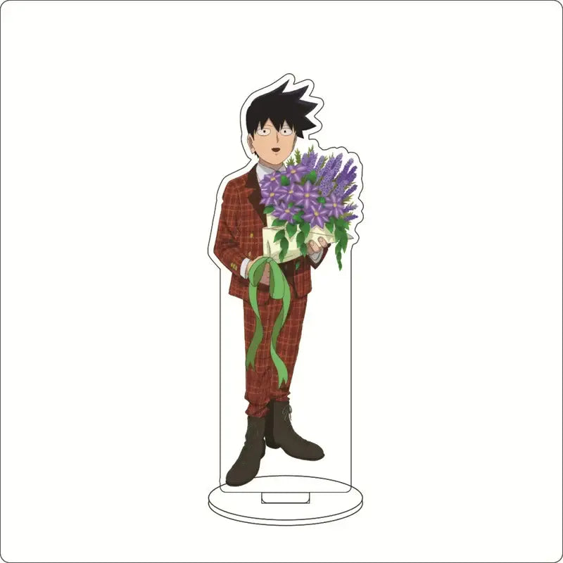 Clear acrylic ornament of mob psycho shigeo kageyama in a red plaid suit holding purple flowers with green ribbon