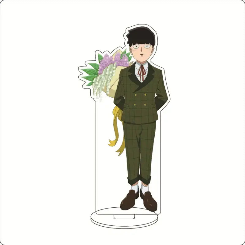 Mob psycho 100 shigeo kageyama acrylic stand featuring a cartoon character in an olive green suit holding flowers acrylic ornament