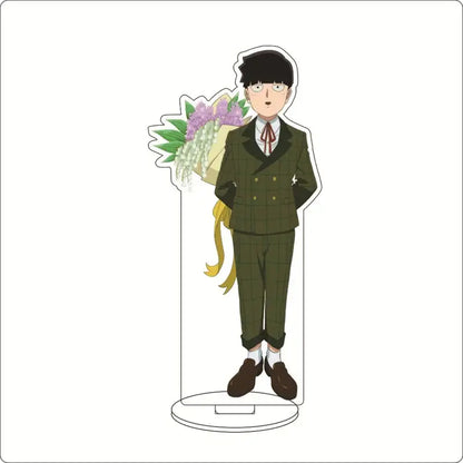 Mob psycho 100 shigeo kageyama acrylic stand featuring a cartoon character in an olive green suit holding flowers acrylic ornament