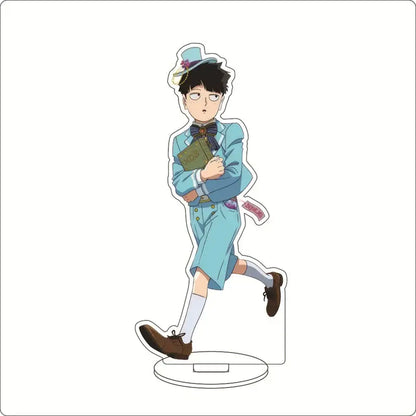 Mob psycho 100 shigeo kageyama acrylic stand featuring a light blue acrylic ornament with vintage outfit and top hat
