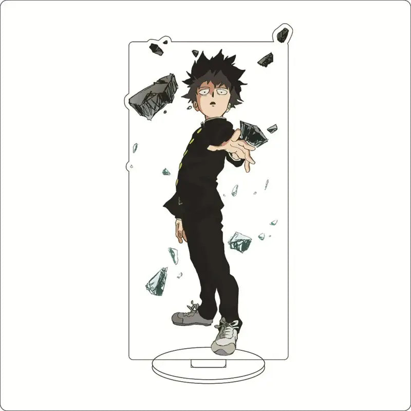 Black-haired shigeo kageyama acrylic stand from mob psycho 100 featuring mid-action pose with shattered glass on acrylic ornament