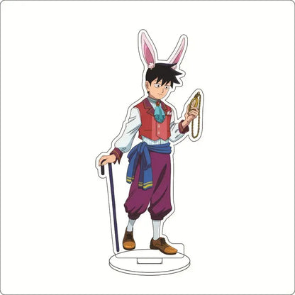 Mob psycho clear acrylic ornament featuring shigeo kageyama with pink bunny ears in colorful outfit standee