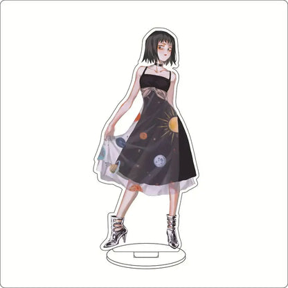 Black and white mob psycho acrylic ornament featuring anime-style girl in celestial dress with planets suns and moons design