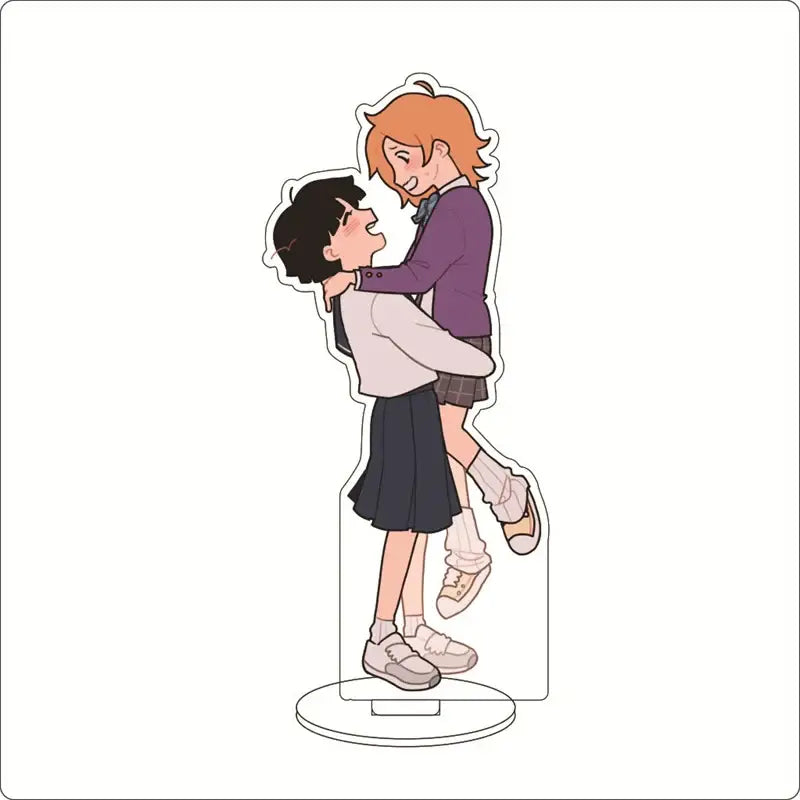 Clear acrylic ornament featuring mob psycho characters shigeo kageyama and orange-haired friend in joyful embrace