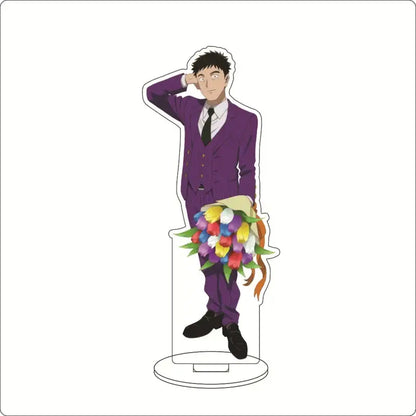 Purple mob psycho shigeo kageyama acrylic stand featuring a man in a suit holding a colorful bouquet acrylic ornament