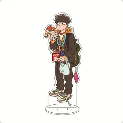 Mob psycho 100 shigeo kageyama acrylic stand featuring a cartoon boy with dark hair holding food and milk carton acrylic ornament