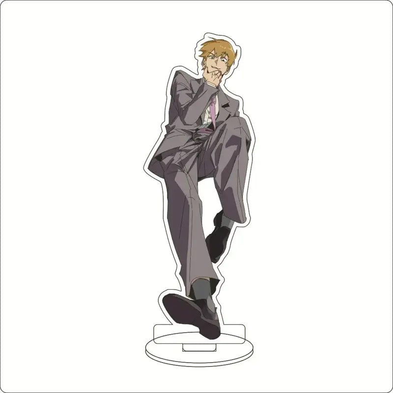 Mob psycho 100 shigeo kageyama acrylic ornament featuring a seated blonde anime figurine in a gray suit on a clear stand