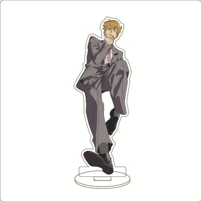 Mob psycho 100 shigeo kageyama acrylic ornament featuring a seated blonde anime figurine in a gray suit on a clear stand