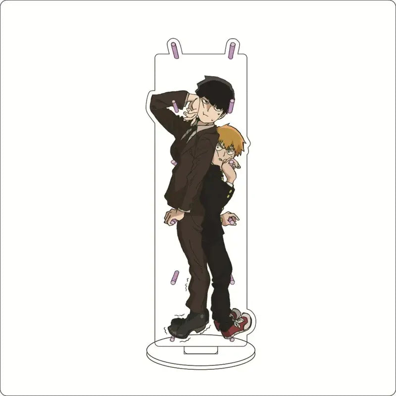 Clear acrylic ornament featuring mob psycho characters shigeo kageyama in formal suits with playful pose