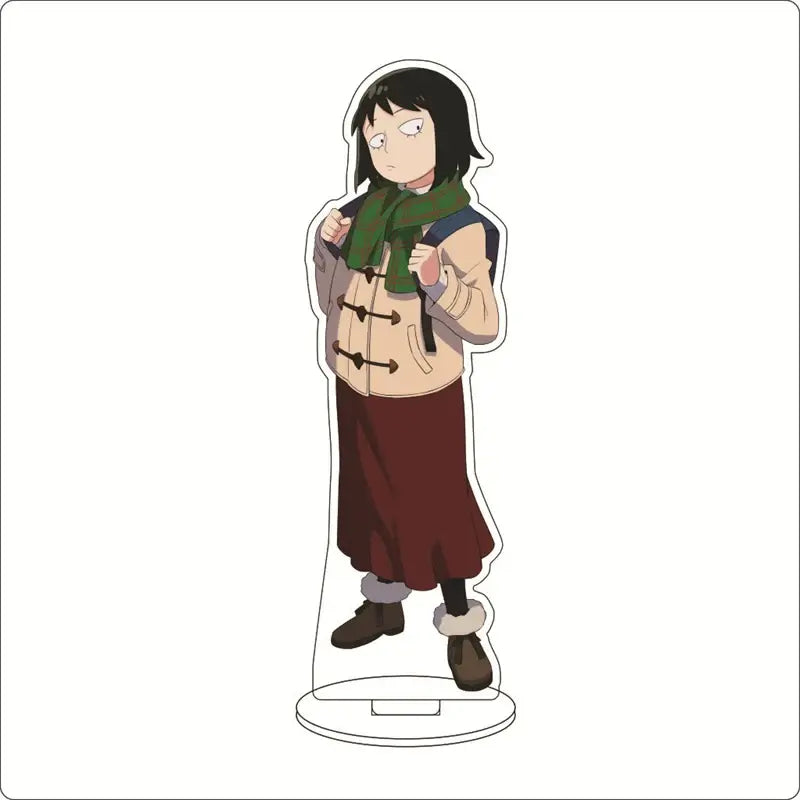 Mob psycho 100 shigeo kageyama acrylic stand featuring beige and maroon winter outfit with green scarf and black boots acrylic ornament