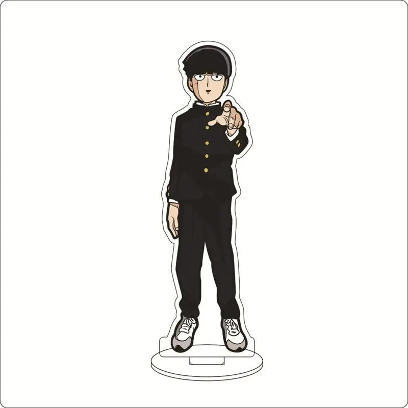 Black acrylic ornament of shigeo kageyama from mob psycho 100 in school uniform with gold buttons and white sneakers
