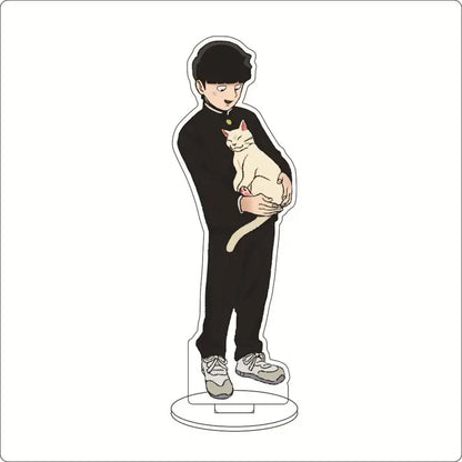 Black acrylic ornament of shigeo kageyama in school uniform holding a white cat from mob psycho 100 acrylic stand