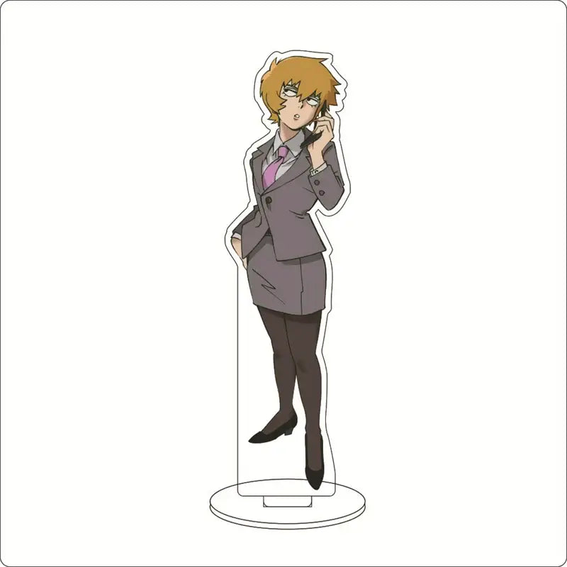 Clear acrylic stand of shigeo kageyama from mob psycho 100 wearing gray suit and pink tie acrylic ornament