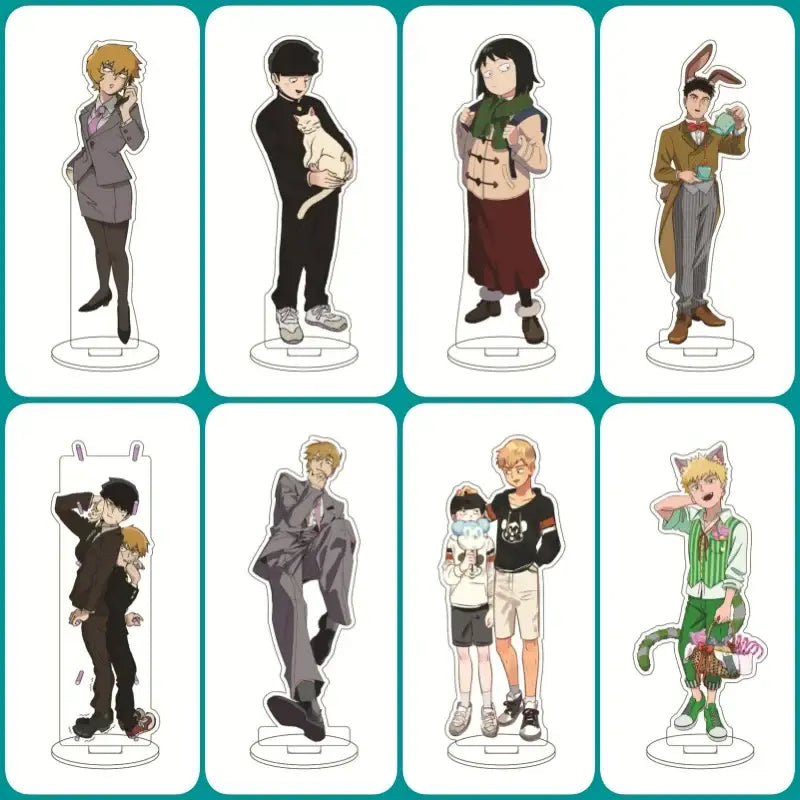 Set of eight colorful mob psycho 100 shigeo kageyama acrylic standees featuring detailed outfits as acrylic ornaments