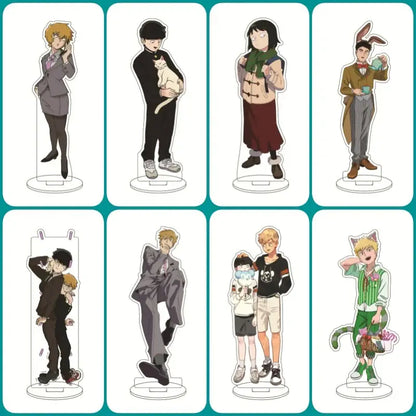 Set of eight colorful mob psycho 100 shigeo kageyama acrylic standees featuring detailed outfits as acrylic ornaments