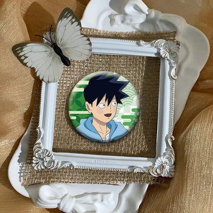 Mob psycho 100 shigeo kageyama button pin featuring a boy with black hair and blue hoodie in an ornate white frame