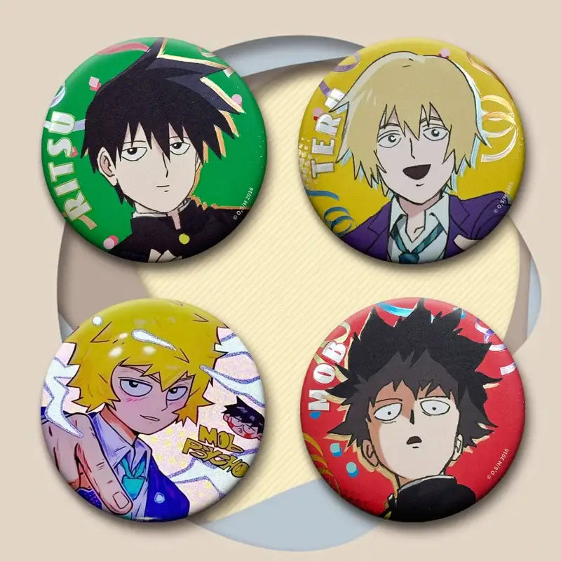 Four glossy mob psycho circular button pins featuring colorful shigeo kageyama button pin artwork from the series