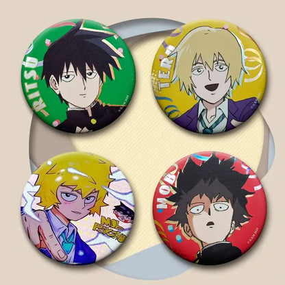 Four glossy mob psycho circular button pins featuring colorful shigeo kageyama button pin artwork from the series