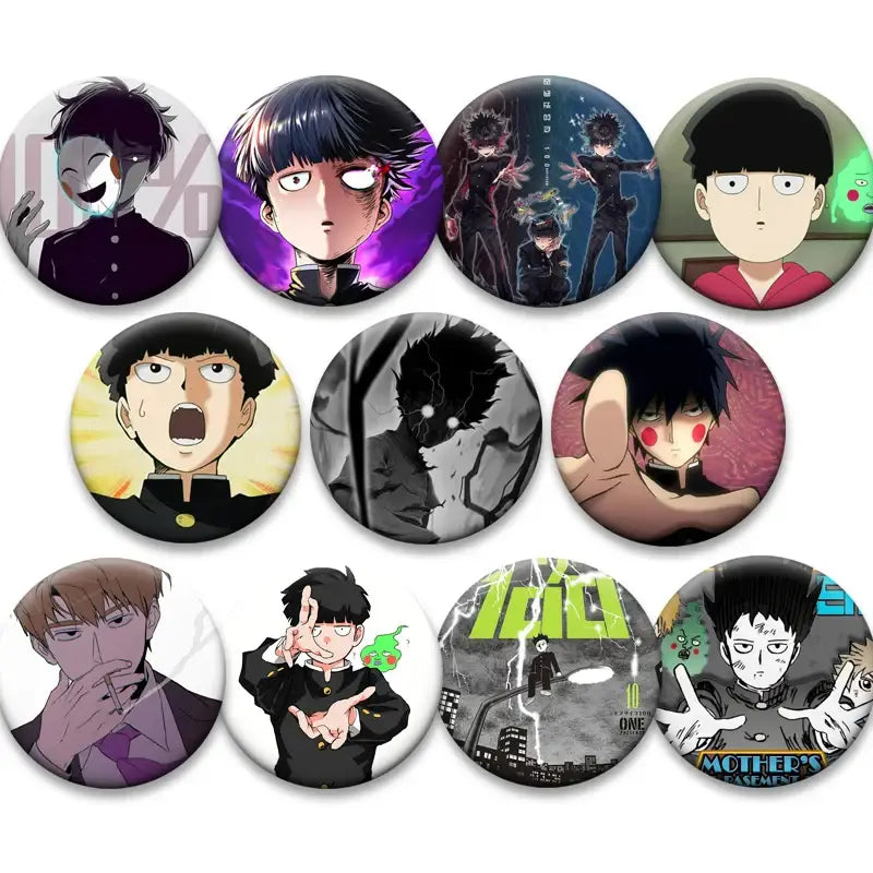 Set of ten circular jujutsu kaisen anime character pins with distinct artwork alongside mob psycho shigeo kageyama button pin