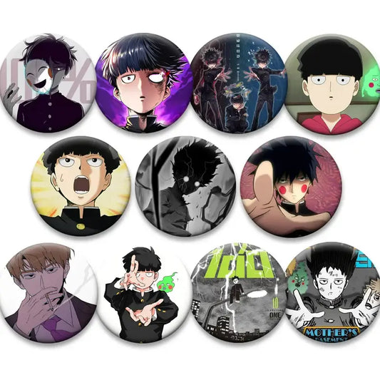 Set of ten circular jujutsu kaisen anime character pins with distinct artwork alongside mob psycho shigeo kageyama button pin