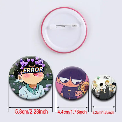Set of three circular mob psycho 100 shigeo kageyama button pins with pink purple and white anime designs