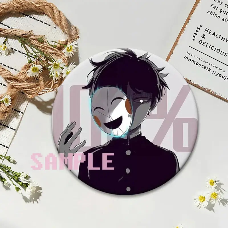 Circular white mob psycho shigeo kageyama button pin with black hair and half-mask design on smooth plastic
