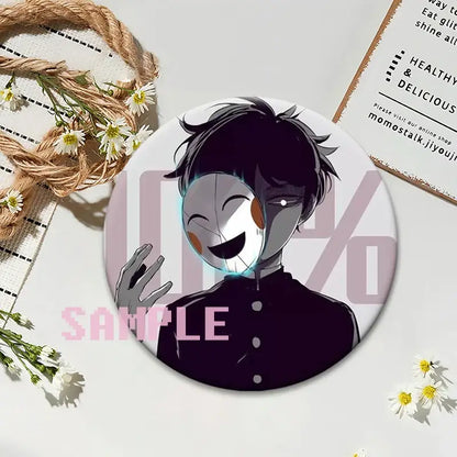 Circular white mob psycho shigeo kageyama button pin with black hair and half-mask design on smooth plastic