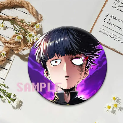 Mob psycho 100 shigeo kageyama button pin featuring black-haired character with glowing eye on purple background circular badge