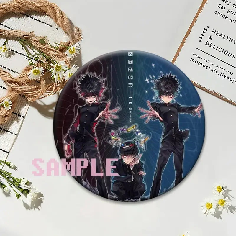 Circular mob psycho 100 shigeo kageyama button pin featuring three black uniformed characters on dark blue background