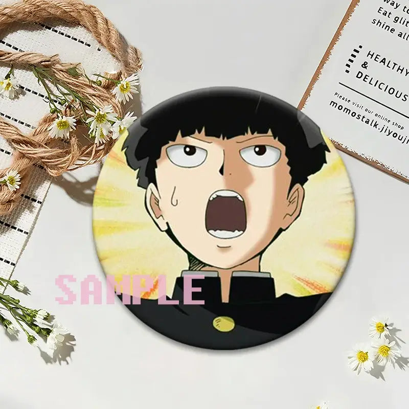 Mob psycho 100 shigeo kageyama button pin round badge with black and yellow anime character and surprised expression