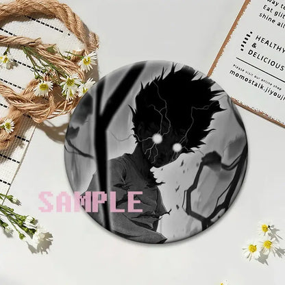 Black-and-white mob psycho 100 shigeo kageyama button pin with spiky hair and lightning effects round badge