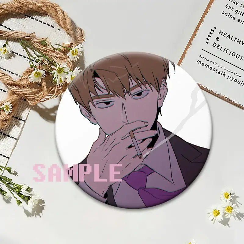 Circular mob psycho shigeo kageyama button pin featuring a brown-haired man in a dark suit holding a cigarette
