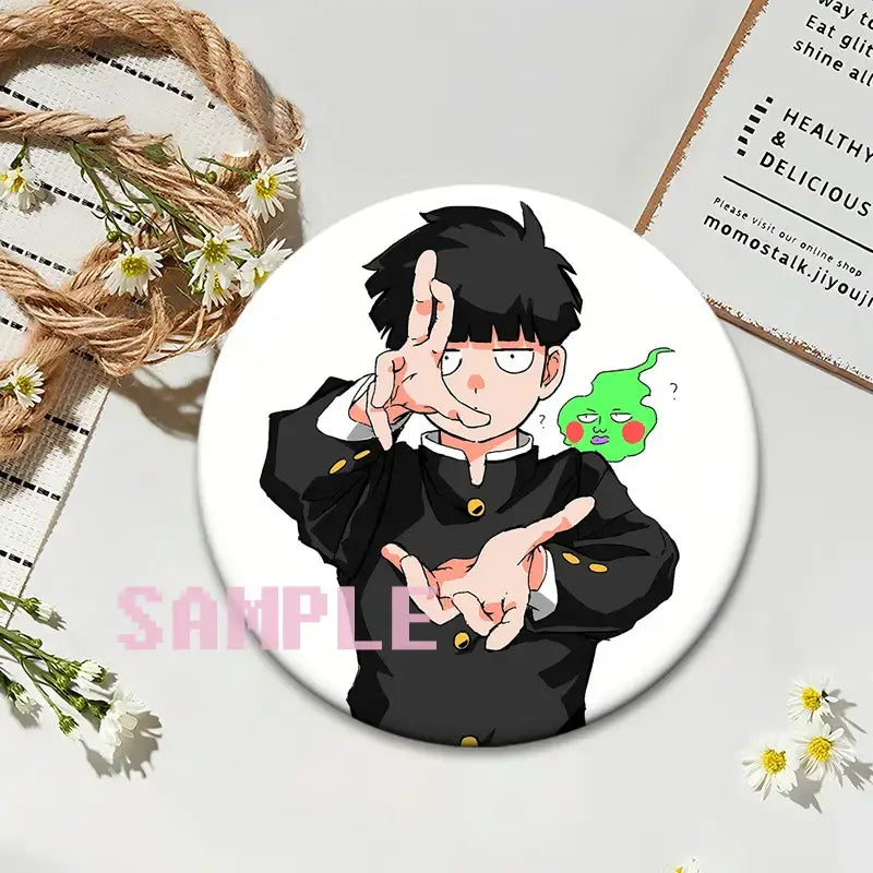 White circular mob psycho shigeo kageyama button pin featuring anime character in black uniform with green ghost badge