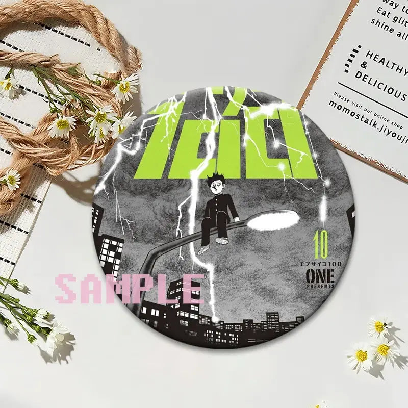 Circular mob psycho 100 shigeo kageyama button pin with black-and-white cityscape and lime green lightning bolts design