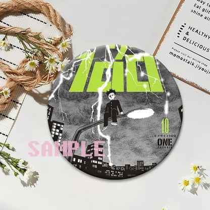 Circular mob psycho 100 shigeo kageyama button pin with black-and-white cityscape and lime green lightning bolts design