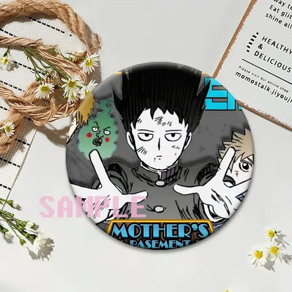 Circular black-and-white mob psycho shigeo kageyama button pin with spiky-haired character and green ghost companion