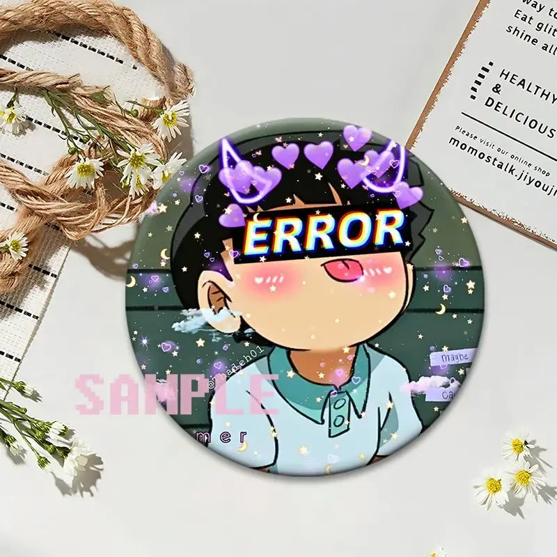 Mob psycho 100 shigeo kageyama button pin round badge featuring black hair character with glowing purple cat ears