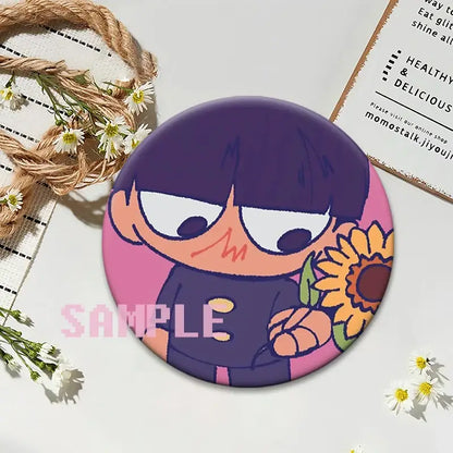 Mob psycho 100 shigeo kageyama button pin featuring purple character with black hair and sunflower on pink background