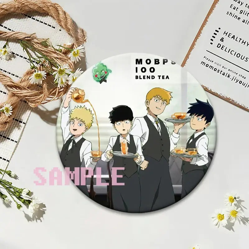 White circular mob psycho 100 shigeo kageyama button pin featuring anime waiters serving tea with green character illustration