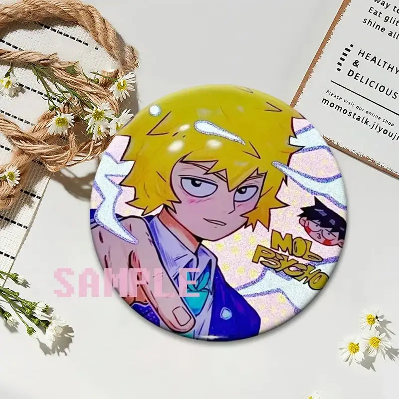 Circular mob psycho 100 shigeo kageyama button pin featuring vibrant spiky yellow hair and blue outfit with glitter accents