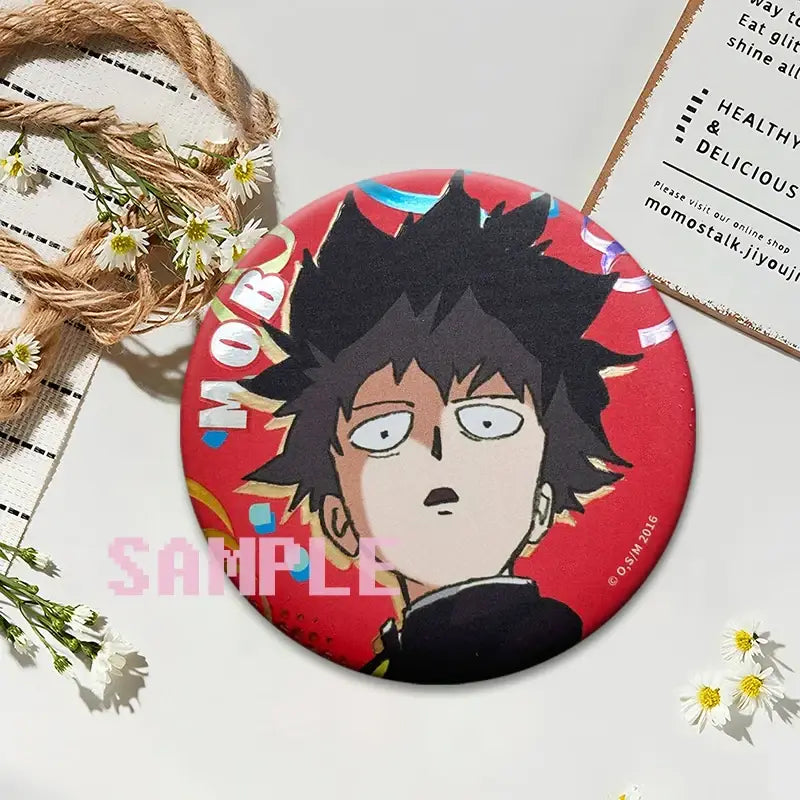 Red circular mob psycho shigeo kageyama button pin featuring an anime character with spiky black hair and vibrant background